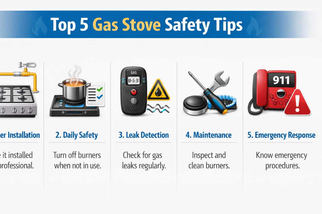 Gas stove safety guide; Infographic with essential kitchen safety tips