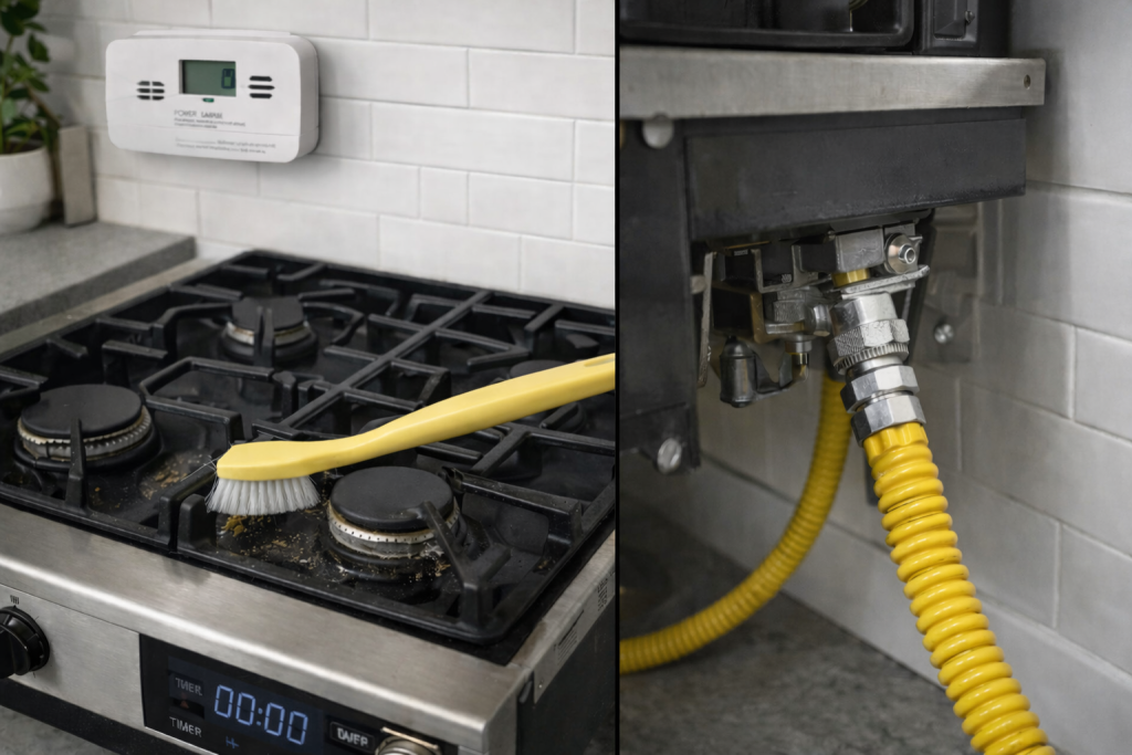 Showing burner cleaning and hose inspection