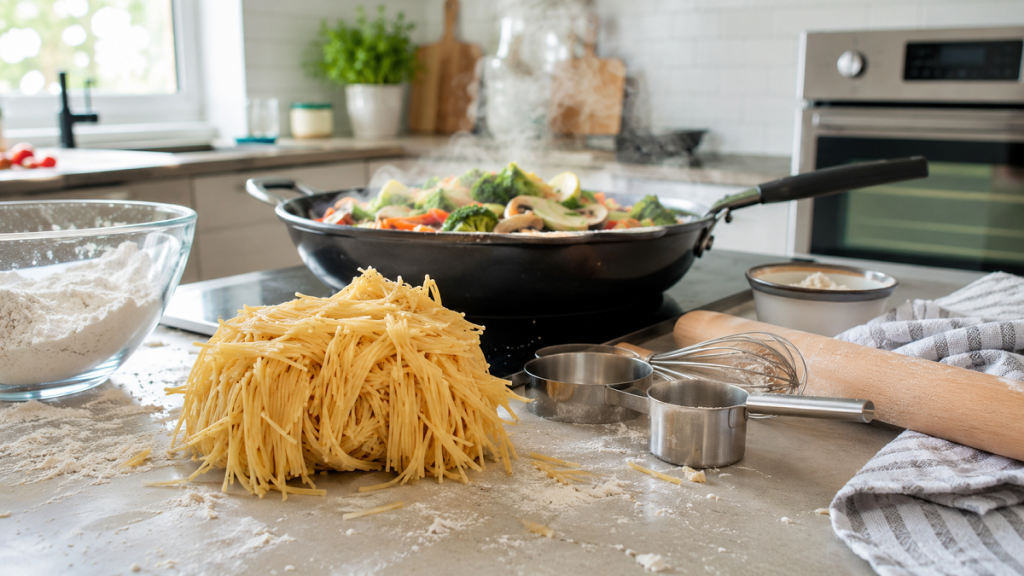 Common kitchen mistakes beginners make while cooking, including overcrowded pans, sticky pasta, and incorrect measuring.