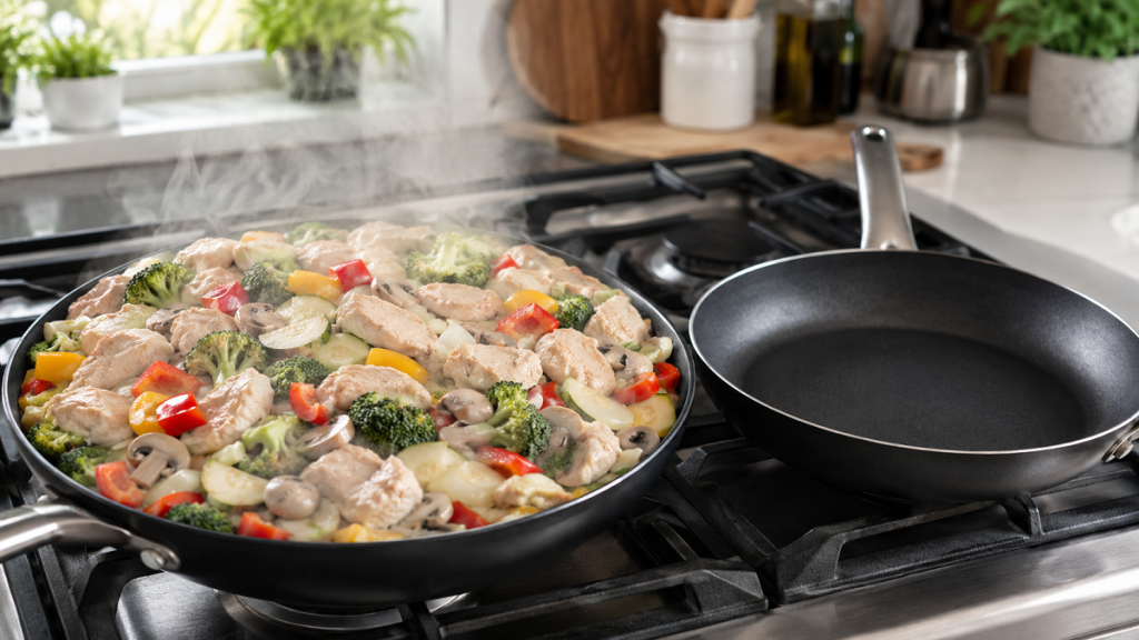 Common kitchen mistakes showing an overcrowded pan that causes food to steam instead of brown.