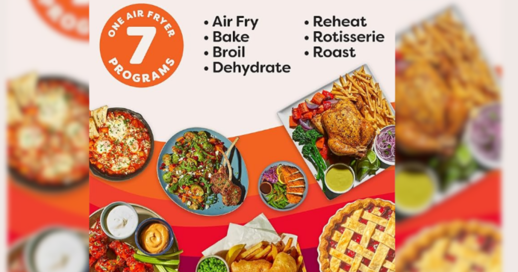 Instant Pot 10QT Air Fryer seven cooking programs air fry bake broil roast reheat rotisserie dehydrate