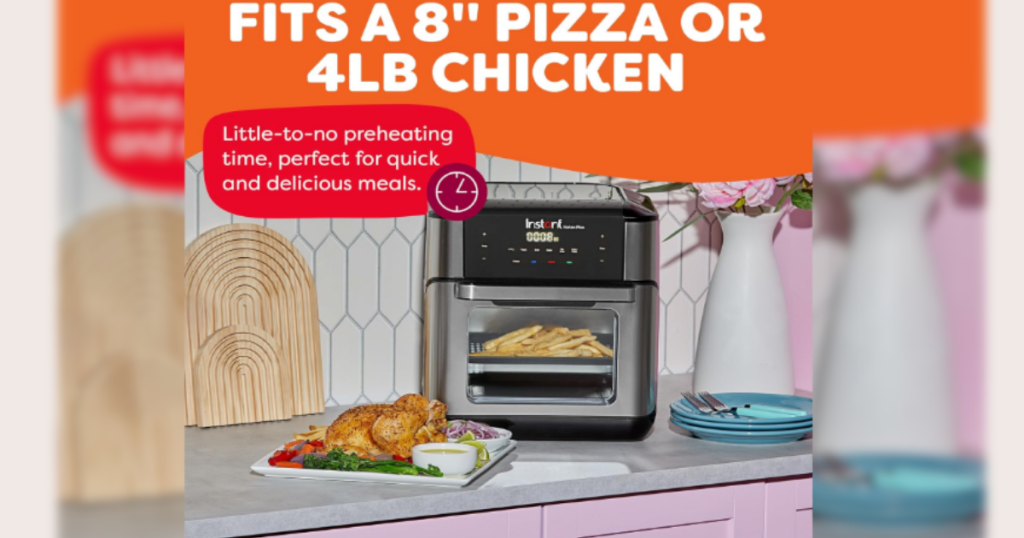 Air Fryer fitting 8 inch pizza or 4 pound chicken on kitchen counter