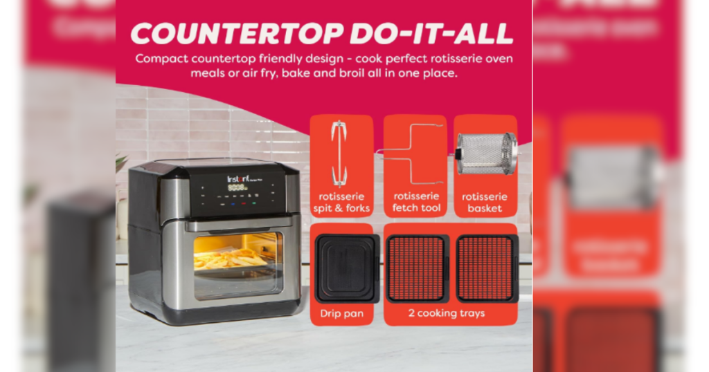 Instant Pot 10QT air fryer accessories including rotisserie basket drip pan and cooking trays